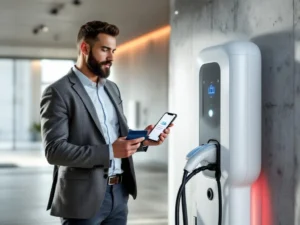 Zakelijke professional met brandstofkaart en smartphone bij moderne elektrische laadpaal met witte laadkabel