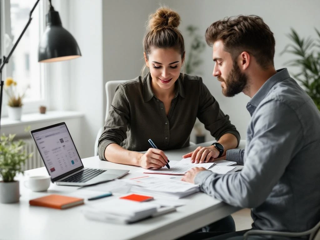 Freelancer organiseert bonnetjes en facturen op modern thuiskantoor bureau naast laptop met uitgaventracker