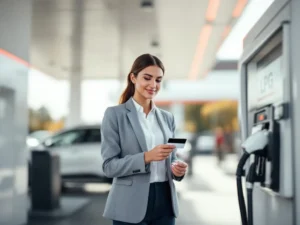 Zakenvrouw gebruikt bedrijfstankpas bij LPG-tankstation met wit-rode huisstijl, bedrijfsauto op achtergrond
