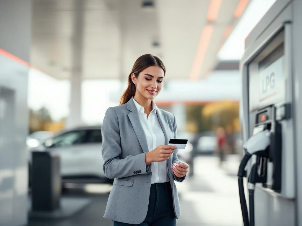 Zakenvrouw gebruikt bedrijfstankpas bij LPG-tankstation met wit-rode huisstijl, bedrijfsauto op achtergrond