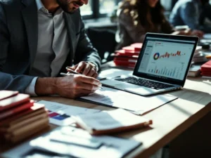 Ondernemer organiseert financiële documenten en bonnetjes op modern bureau met laptop en spreadsheet gegevens