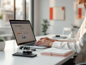 Professionele zakenvrouw beheert wagenpark software op laptop met autosleutels en brandstofkaart app op modern kantoor