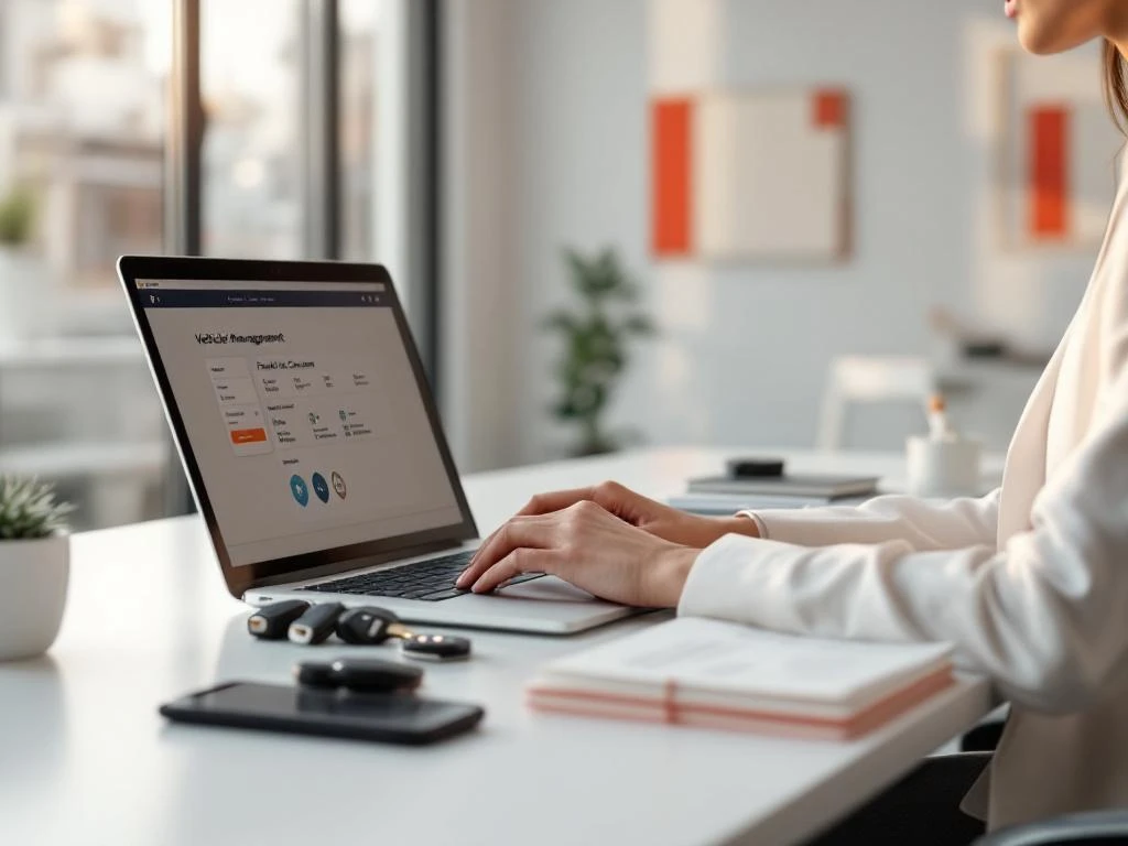 Professionele zakenvrouw beheert wagenpark software op laptop met autosleutels en brandstofkaart app op modern kantoor