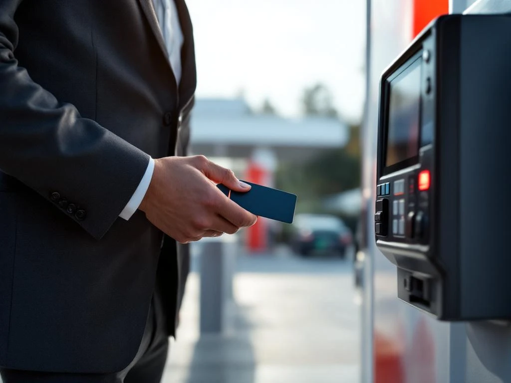 Zakenman in pak gebruikt zakelijke brandstofkaart bij moderne betaalterminal op eigentijds tankstation