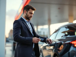 Zakenpersoon gebruikt bedrijfstankkaart bij Europees tankstation met bedrijfsauto, professionele sfeer