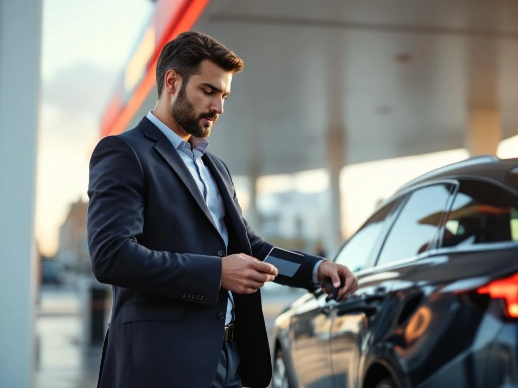 Zakenpersoon gebruikt bedrijfstankkaart bij Europees tankstation met bedrijfsauto, professionele sfeer