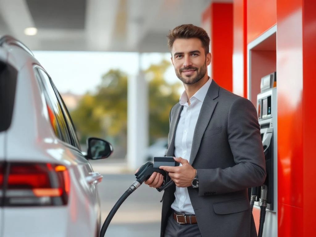 Zakelijke professional gebruikt bedrijfstankkaart bij moderne tankstation met witte bedrijfsauto