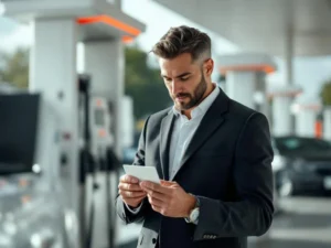 Zakenprofessional bekijkt witte brandstofkaart bij modern tankstation naast bedrijfsauto