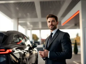 Professionele zakenman met brandstofkaart bij moderne tankstation naast bedrijfsauto, bereid om te tanken