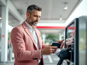 Zakenprofessional gebruikt tankkaart bij moderne brandstofpomp naast bedrijfsauto op eigentijds tankstation
