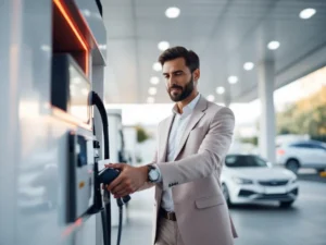 Zakenpersoon gebruikt bedrijfstankkaart bij modern tankstation met witte bedrijfsauto op achtergrond