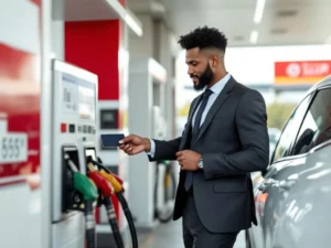 Zakenman in pak gebruikt bedrijfstankkaart bij moderne tankstation naast witte bedrijfsauto