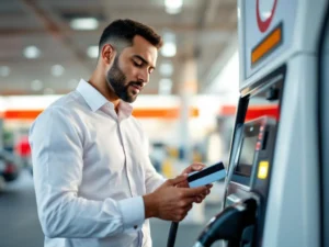 Zakelijke professional gebruikt brandstofkaart bij moderne tankstation met bedrijfsvoertuig op achtergrond