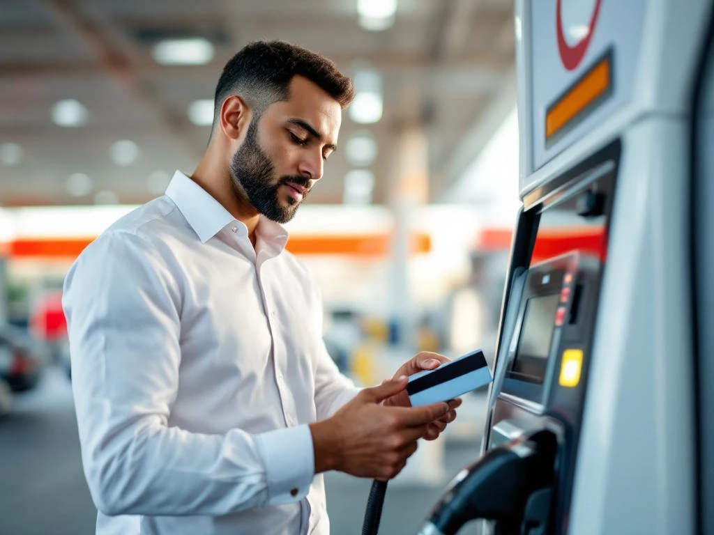Zakelijke professional gebruikt brandstofkaart bij moderne tankstation met bedrijfsvoertuig op achtergrond