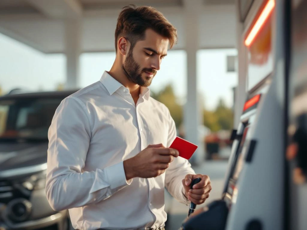 Zakelijke professional gebruikt rode brandstofkaart bij moderne tankstation terminal met bedrijfsvoertuig op achtergrond