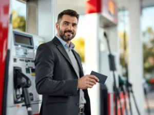 Zakenpersoon houdt tankkaart bij moderne tankstation met diesel en benzinepomp op achtergrond