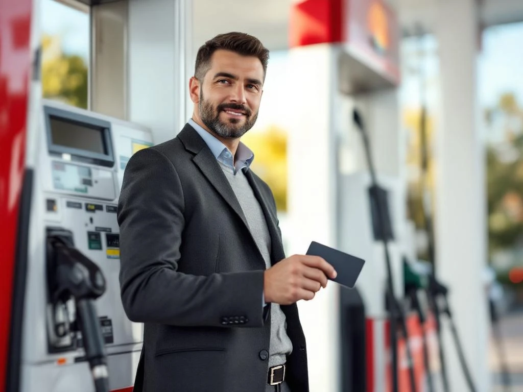 Zakenpersoon houdt tankkaart bij moderne tankstation met diesel en benzinepomp op achtergrond