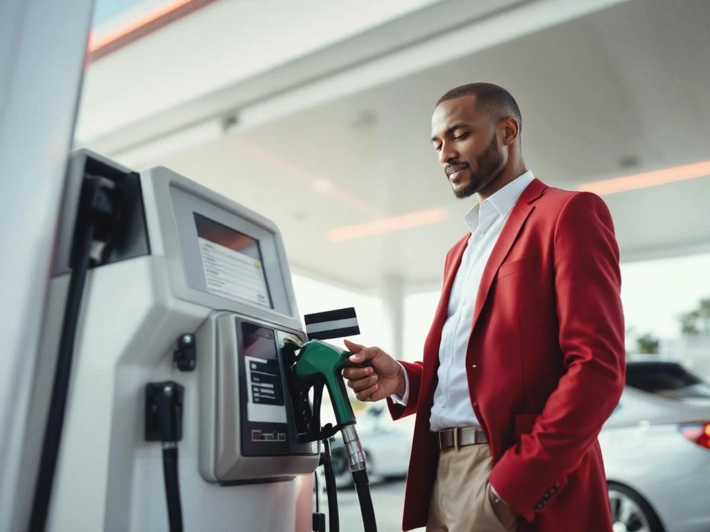 Zakelijke professional gebruikt bedrijfstankkaart bij modern tankstation naast witte bedrijfsauto
