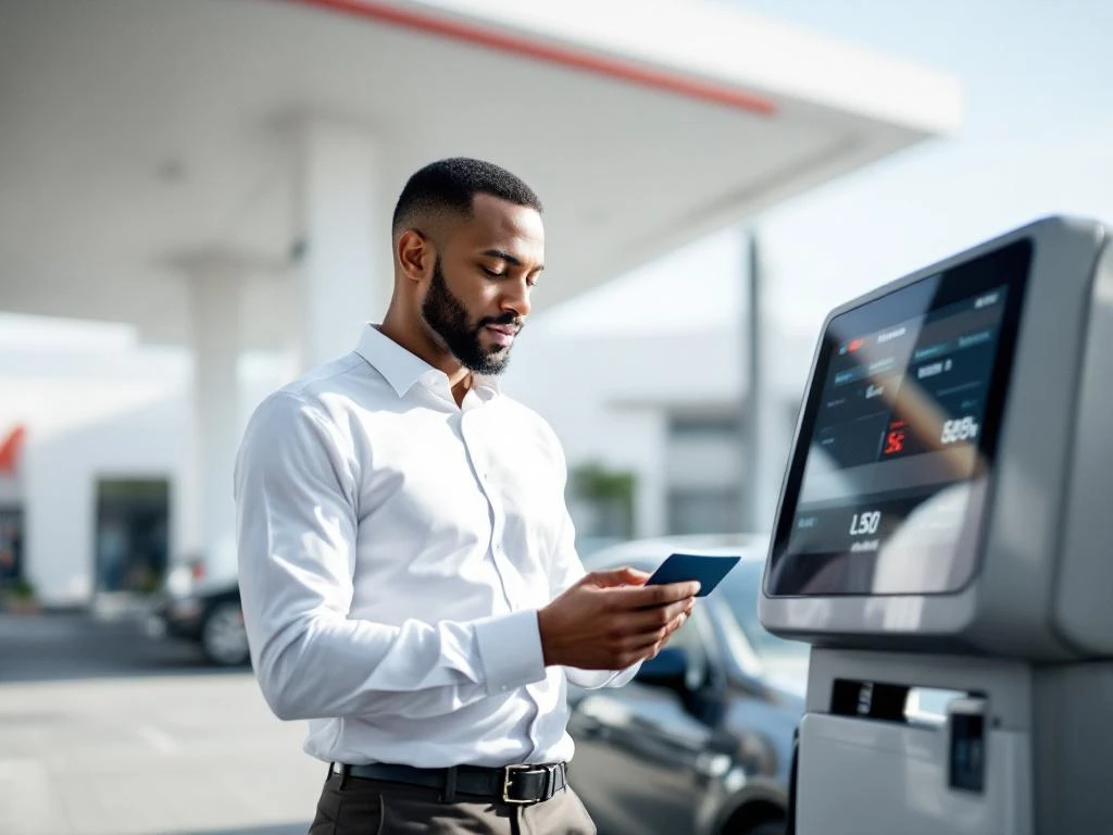 Zakelijke professional gebruikt brandstofkaart bij modern tankstation met bedrijfsauto op achtergrond