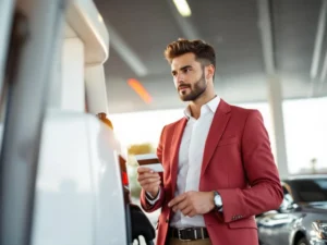 Zakelijke professional gebruikt bedrijfstankkaart bij modern tankstation met bedrijfsauto op achtergrond