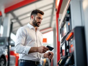 Zakelijke professional gebruikt bedrijfstankkaart bij modern tankstation met witte overkapping en rode accenten