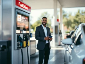 Zakelijke professional met brandstofkaart bij moderne tankstation met bedrijfsvoertuig en digitale routeoptimalisatie