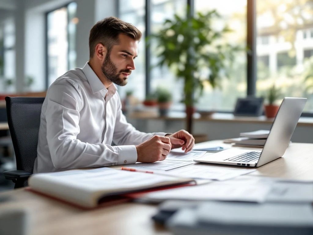 Zakelijke professional bekijkt financiële documenten en tankkaartoverzichten aan bureau met laptop en spreadsheetdata