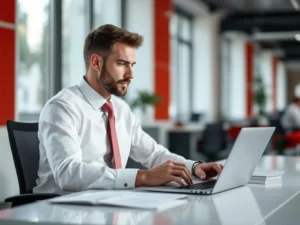 Zakenmanager beoordeelt uitgavengrenzen op laptop met brandstofkaarten op bureau in modern kantoor