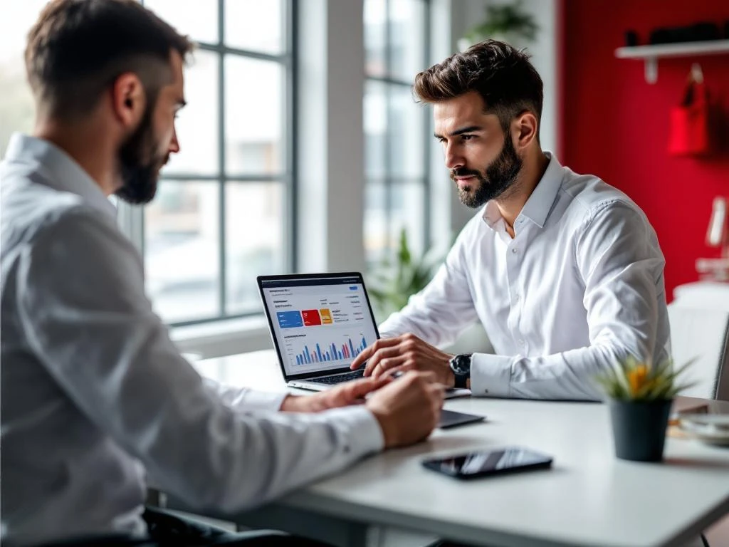 Zakenprofessional analyseert financiële gegevens op laptop met bedrijfstankkaart op modern bureau in kantoor