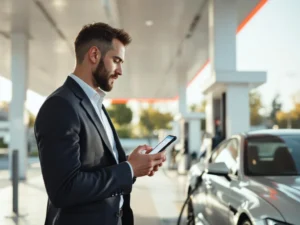 Zakenprofessional gebruikt smartphone bij tankstation terwijl bedrijfsauto wordt getankt, moderne terminal op achtergrond
