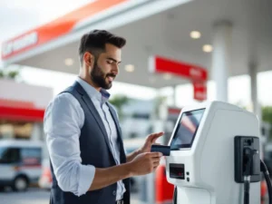 Zakelijke professional gebruikt brandstofkaart bij moderne betaalterminal op tankstation met digitale interface