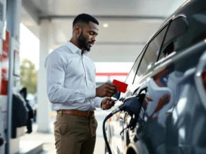 Zakelijke professional gebruikt rode brandstofkaart bij moderne tankstation naast bedrijfsauto