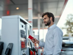 Zakelijke professional gebruikt rode brandstofkaart bij modern tankstation om zilveren bedrijfsauto bij te tanken
