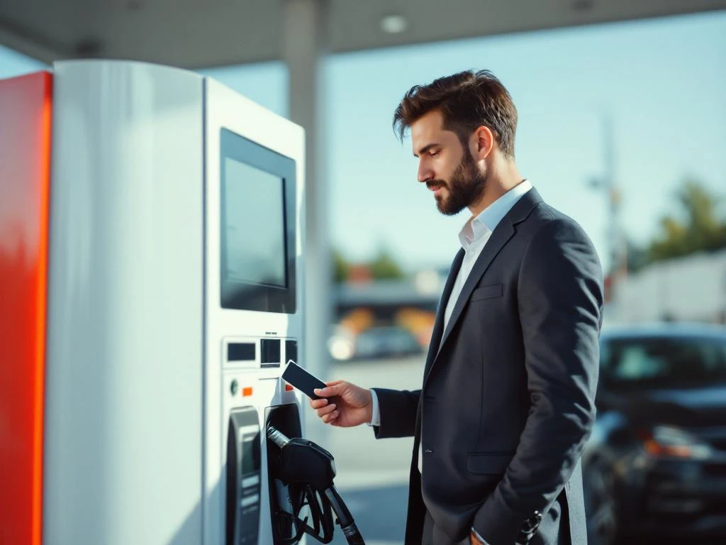 Zakelijke professional gebruikt brandstofkaart bij modern tankstation met bedrijfsauto op achtergrond
