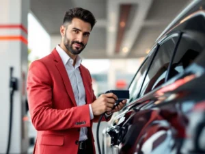 Zakenprofessional gebruikt bedrijfstankkaart bij moderne tankstation naast bedrijfsvoertuig