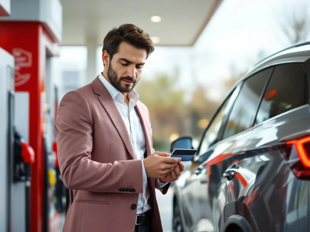 Zakenvrouw in witte blouse en rode blazer gebruikt bedrijfstankkaart bij moderne tankstation met wit-rode accenten