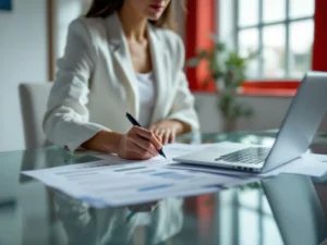 Professionele zakenvrouw in wit blazer organiseert bedrijfsdocumenten en vult brandstofkaart aanvraag in op laptop