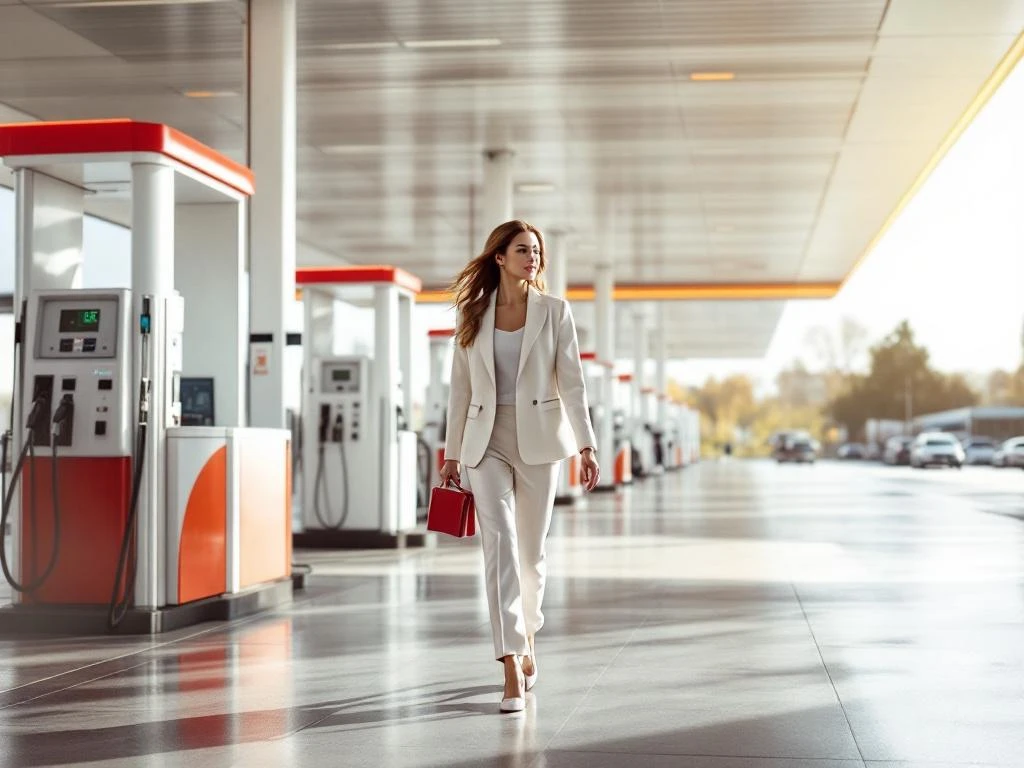 Professionele zakenvrouw met brandstofpas loopt naar modern Nederlands tankstation met witte en rode pompen