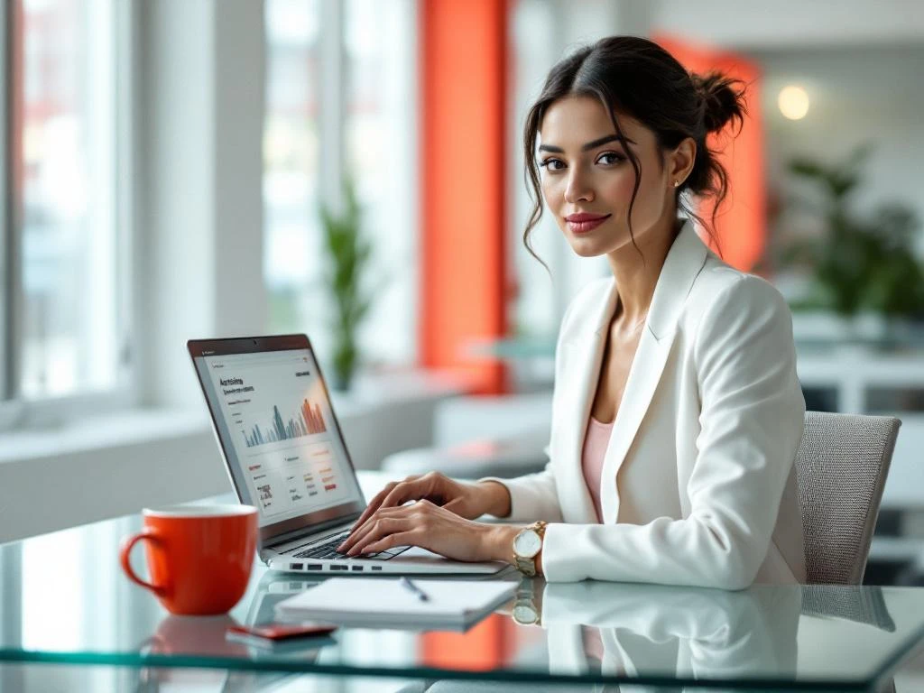 Professionele zakenvrouw in wit jasje werkt met boekhoudingssoftware op laptop naast brandstofkaart op glazen bureau