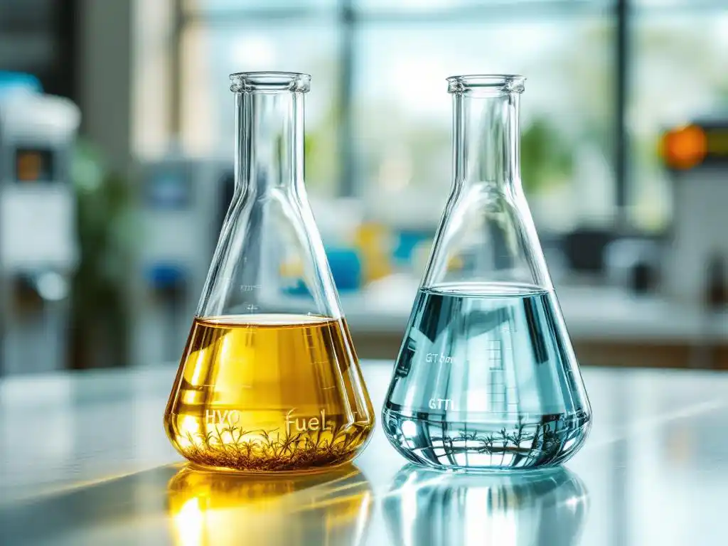 Twee glazen laboratoriumbekers op witte toonbank, één met goudkleurige HVO-biobrandstof met sediment, andere met heldere GTL-diesel