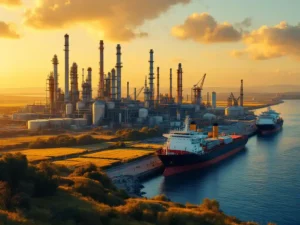 Industriële raffinaderij met destillatietorens en opslagtanks aan de kust, koolzaad- en palmolieveldenop de voorgrond