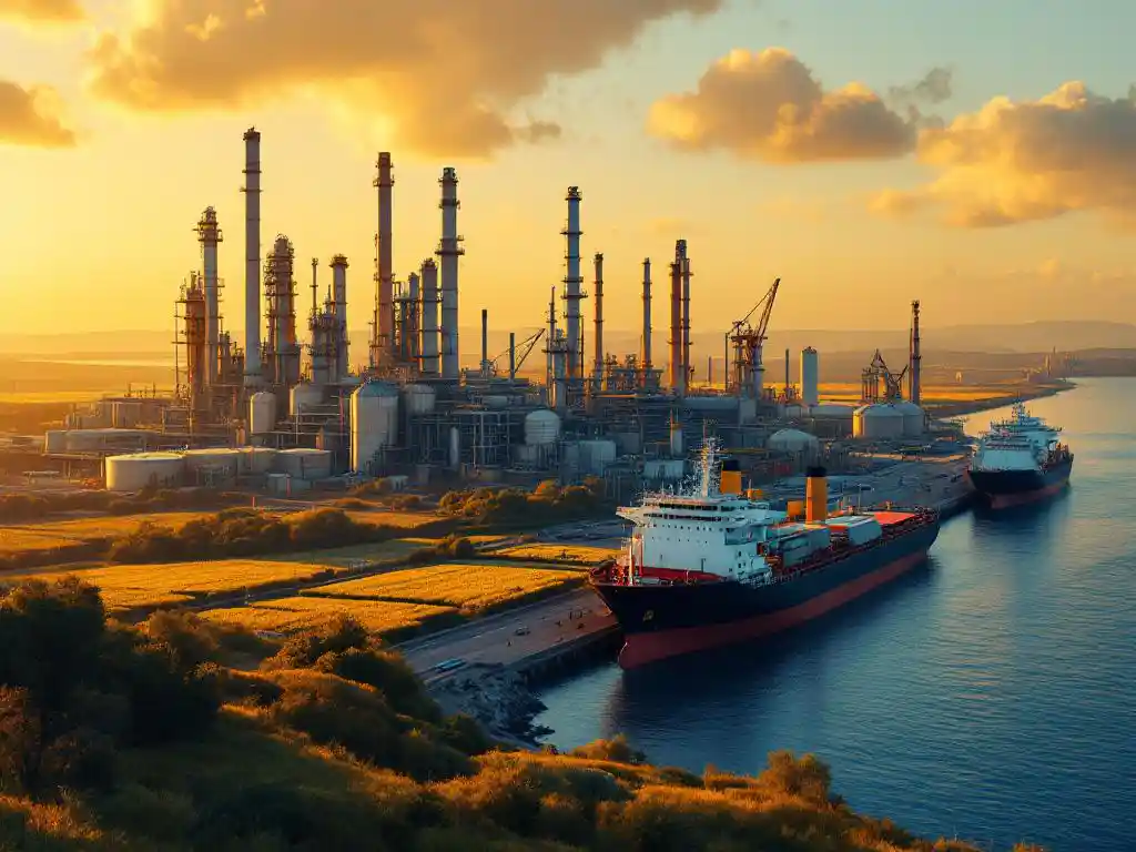 Industriële raffinaderij met destillatietorens en opslagtanks aan de kust, koolzaad- en palmolieveldenop de voorgrond