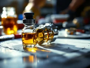 Brandstofinjector en glazen flesje gouden HVO-biobrandstof op witte werkbank met gereedschap en technicushanden