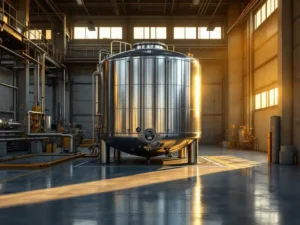 Grote roestvrijstalen brandstoftank met meters in moderne depot, omringd door betonnen opvangbakken en industriële leidingen