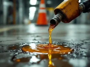 Dieselbrandstofpistool lekt amberkleurige vloeistof op gebarsten betonvloer met regenboogglans, oranje verkeerskegel op achtergrond