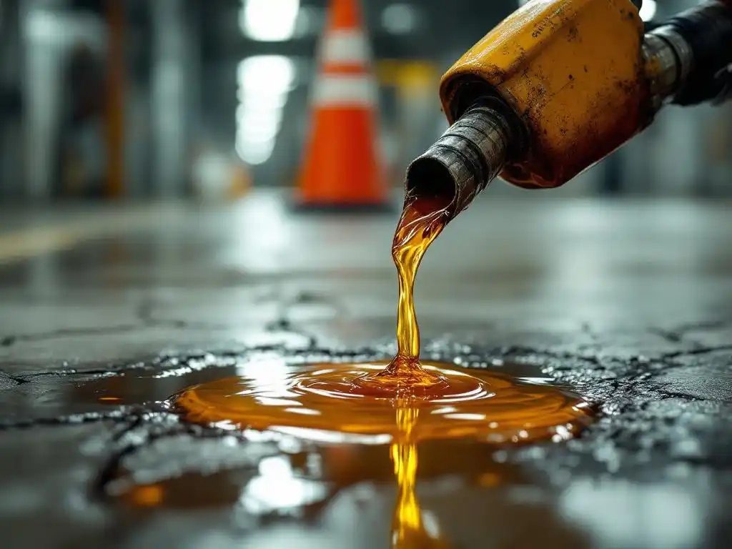 Dieselbrandstofpistool lekt amberkleurige vloeistof op gebarsten betonvloer met regenboogglans, oranje verkeerskegel op achtergrond