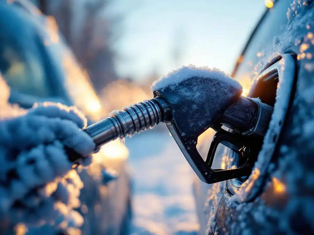 Dieselbrandstofpistool met rijpkristallen wordt in brandstoftank gestoken op koude winterochtend, ijslaag op voorruit zichtbaar