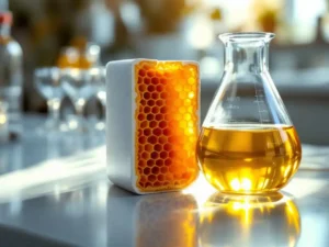 Doorgesneden dieselfilter met honingraatstructuur naast glazen beker met gouden HVO-biobrandstof op laboratoriumoppervlak
