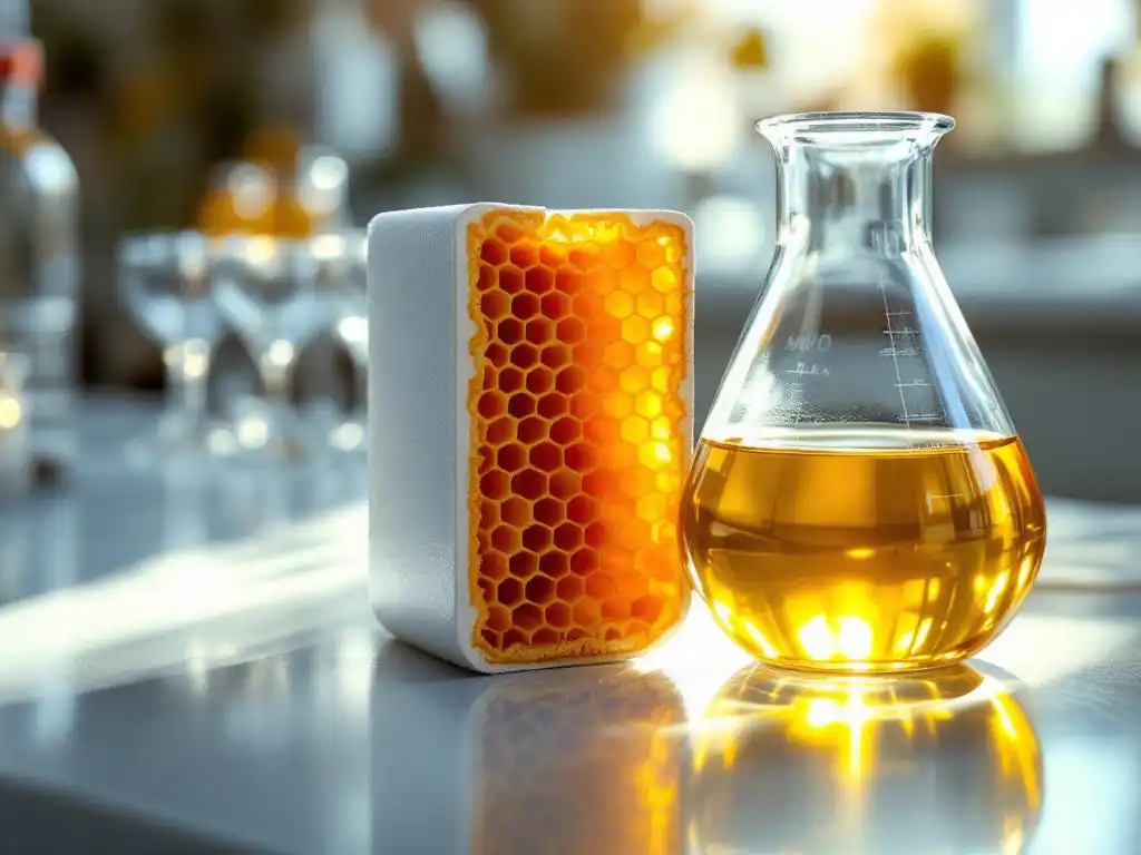 Doorgesneden dieselfilter met honingraatstructuur naast glazen beker met gouden HVO-biobrandstof op laboratoriumoppervlak