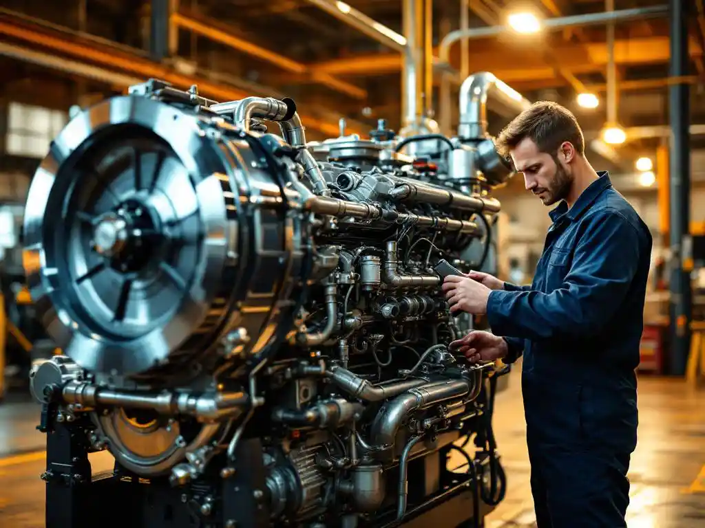 Technicus inspecteert brandstoflijnen van stationaire dieselmotor in industriële werkplaats